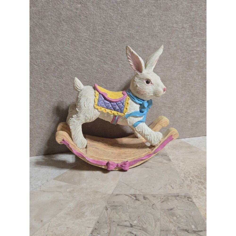 Easter Figurines Rocking Bunny Made Resin Hand Painted 4 1/2 In High 4 5/8 Wide